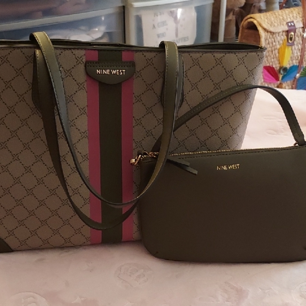 Nine West Olive and Pink Tote Bag Duo